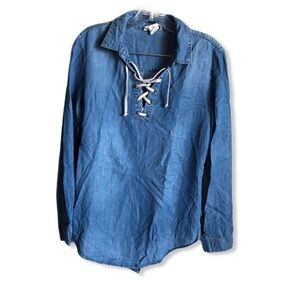 AJ Andrea Jovine Hi-Low Chambray Tie Up Tunic Top